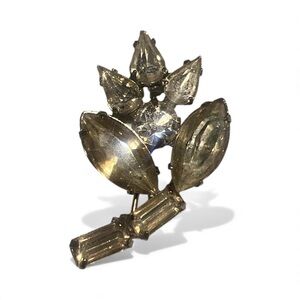 Vintage Czech Austria Art Deco Clear Smokey Rhinestone Floral Leaf Brooch Silver